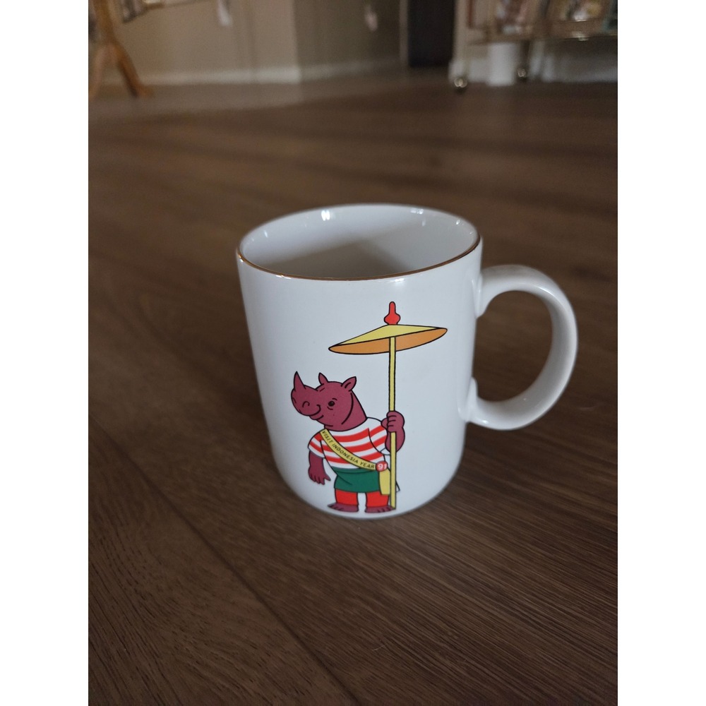 Vintage Sango Visit Indonesia Year 1991 Rhino Mascot Welcome Ceramic Coffee Mug